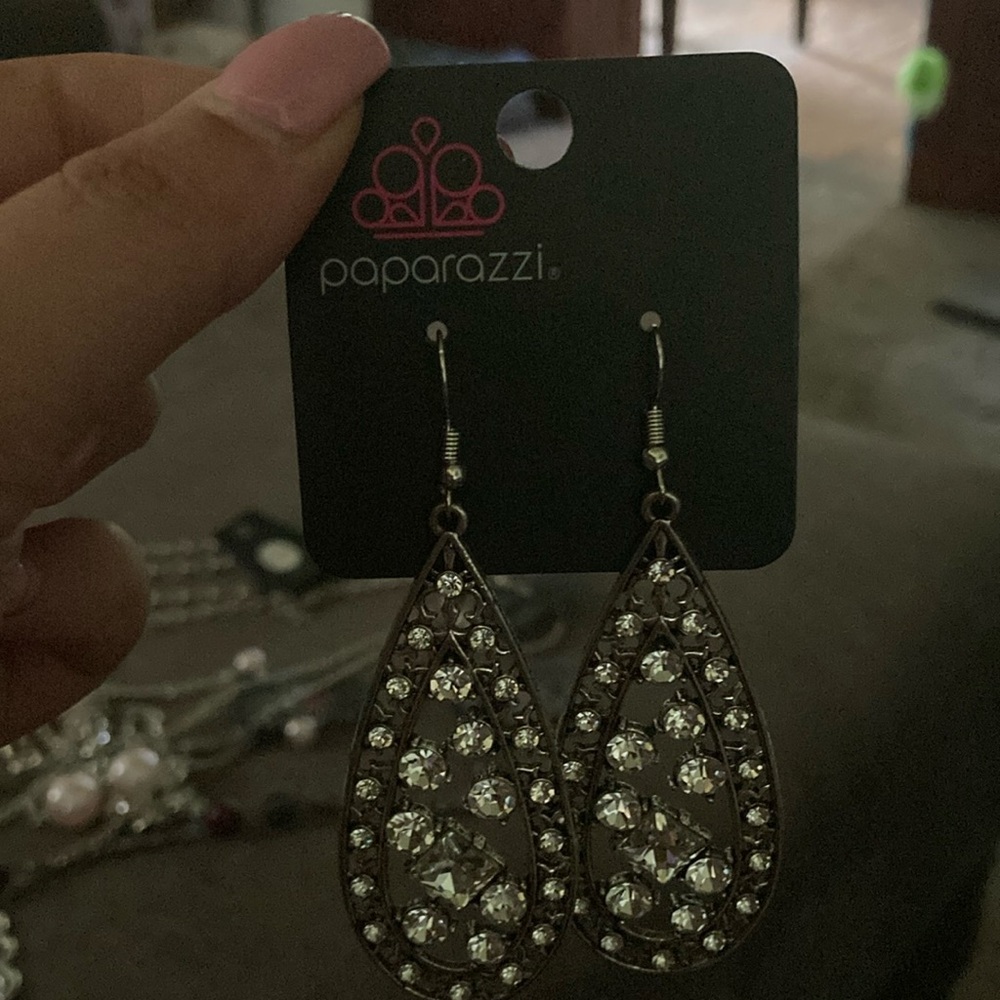 Paparazzi Silver Teardrop Earrings with Clear Accents